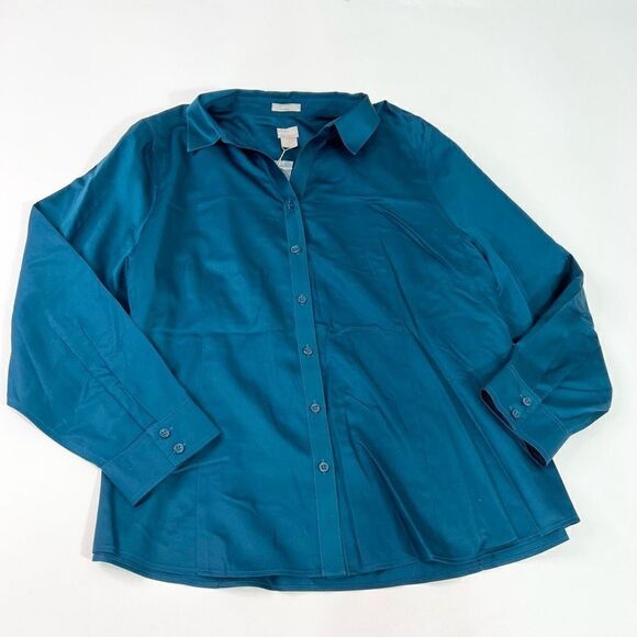 Chico's No Iron Button Up Shirt Womens Large Blue Wrinkle Free Collared Top New - Picture 1 of 9